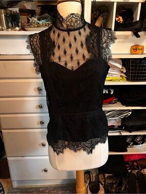 Express Black Lace High-Neck Cap Sleeve Blouse